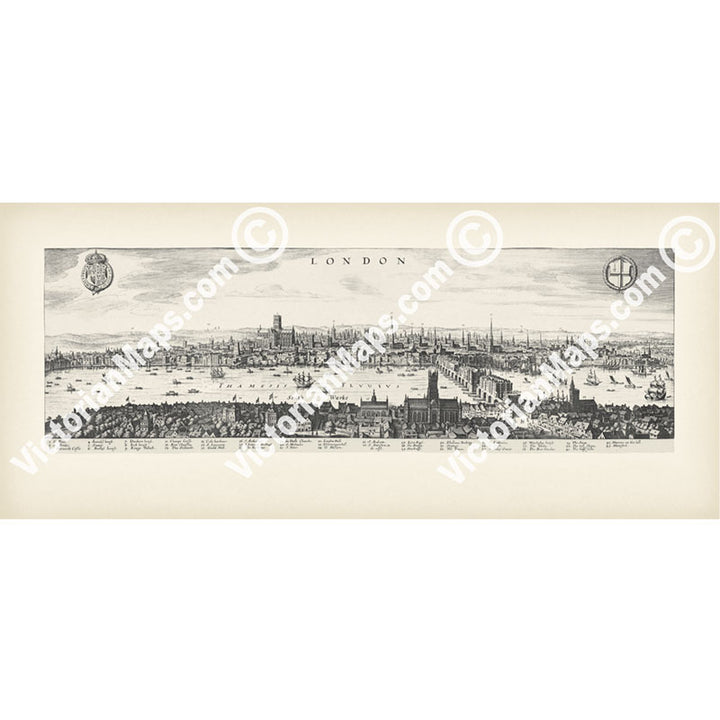 View of London looking over Southwark to the North, famous panoramic map of Elizabethan London prior to Great Fire of 1666 by Matthaus Merian, 1638 art print poster canvas gift
