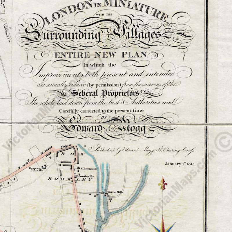 LONDON in MINIATURE with the Surrounding Villages - a folding hand-coloured map by E. Mogg, 1814 art print poster canvas gift
