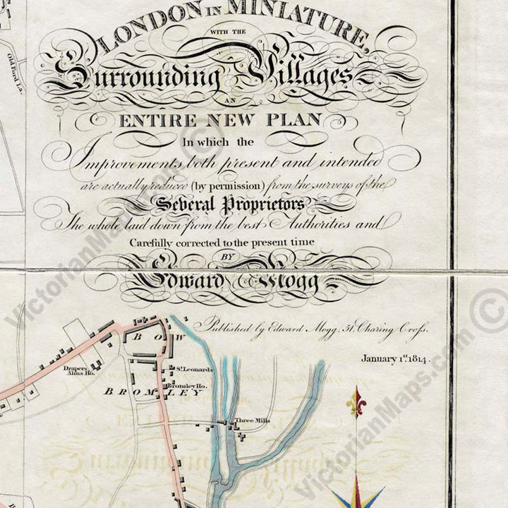 LONDON in MINIATURE with the Surrounding Villages - a folding hand-coloured map by E. Mogg, 1814 art print poster canvas gift