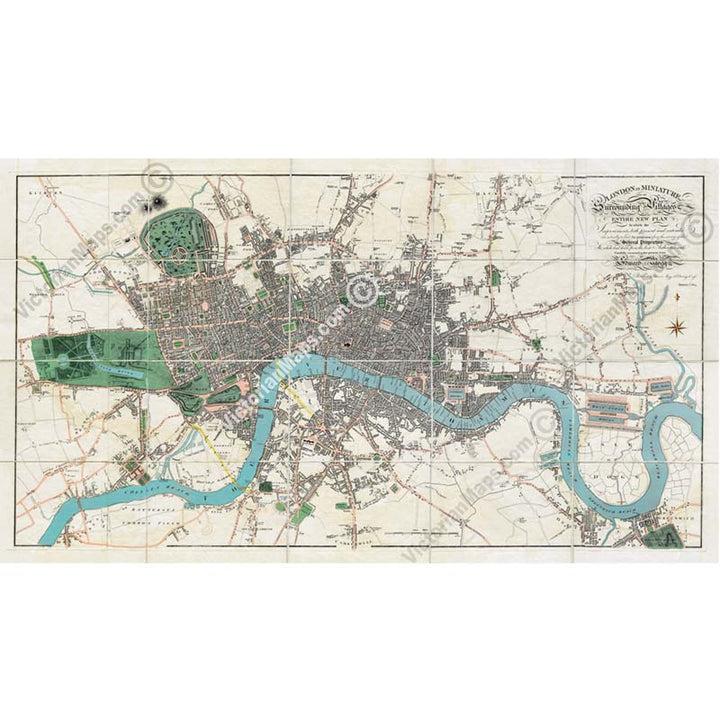 LONDON in MINIATURE with the Surrounding Villages - a folding hand-coloured map by E. Mogg, 1814 art print poster canvas gift