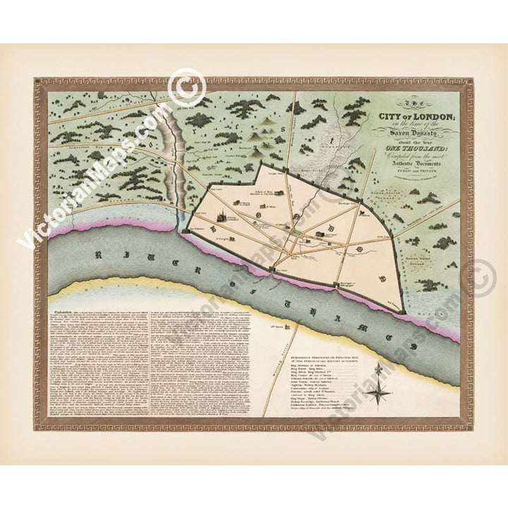 The City of London in the time of the Saxon Dynasty about the year One Thousand - an early map of London at the time of Saxons and Vikings by W. Darton, 1810 art print poster canvas gift
