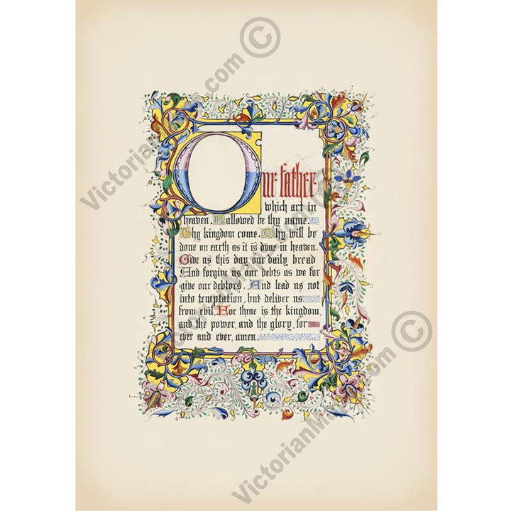 The Lord's Prayer Our Father Le Pater Noster - Victorian illuminated text manuscript on vellum 19th century art print poster canvas gift