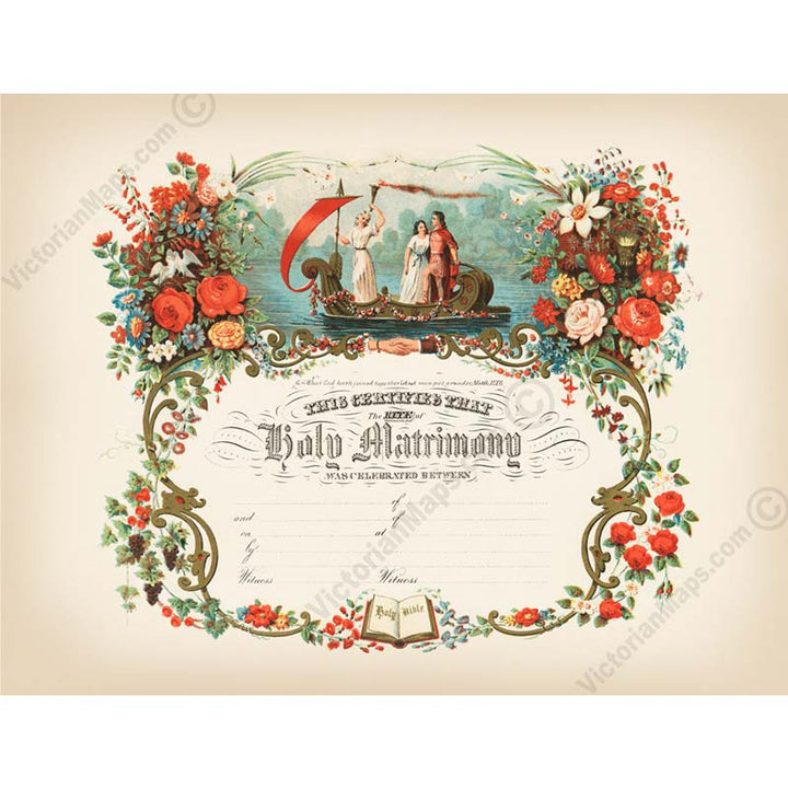 Victorian Marriage Certificate matrimony wedding Victorian marriage certificate c.1870 - restored blank print art poster canvas gift