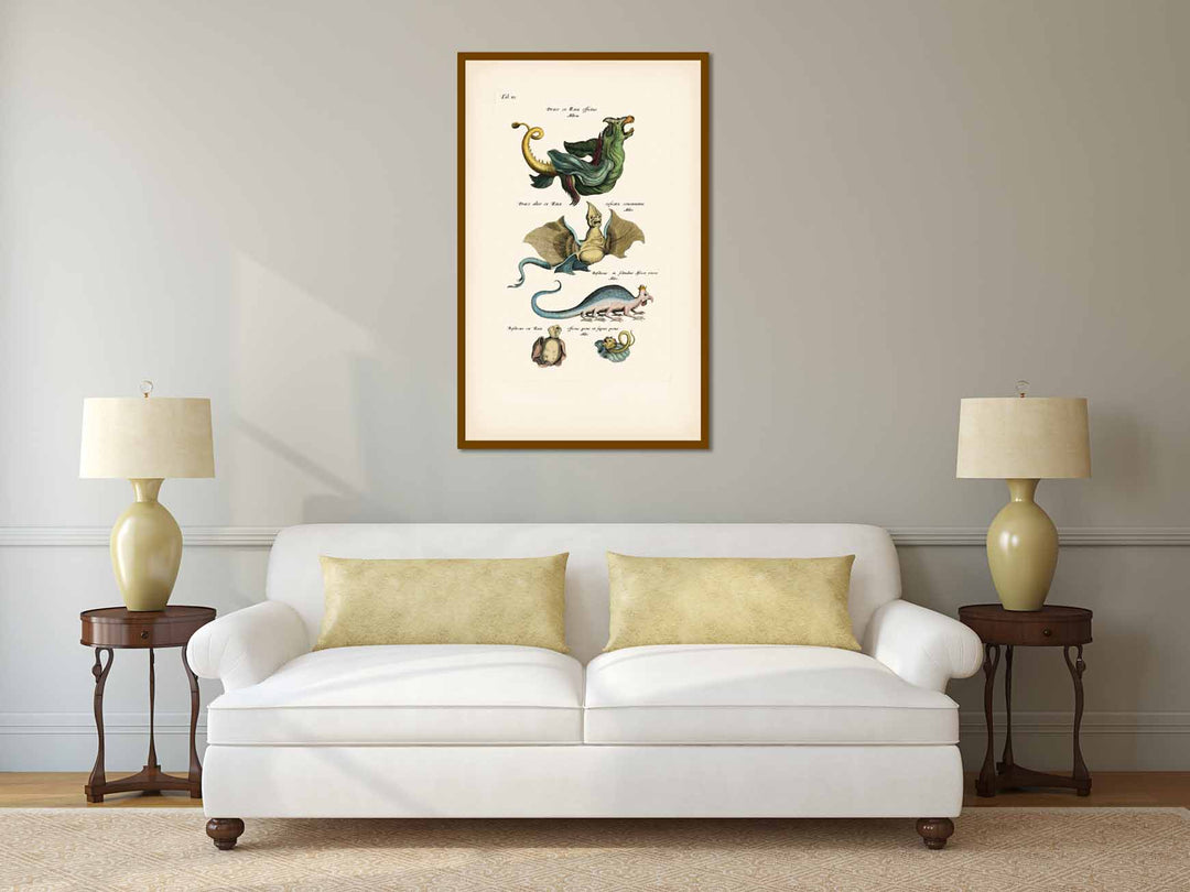 Sea Monster, Dragon and Basilisk - sea beasts illustration from "Historiae naturalis de serpentibus et draconibus"  Merian & Jonston, 1657 art print poster canvas gift
