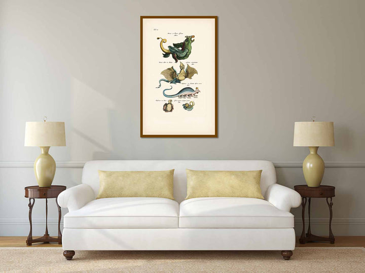 Sea Monster, Dragon and Basilisk - sea beasts illustration from "Historiae naturalis de serpentibus et draconibus"  Merian & Jonston, 1657 art print poster canvas gift