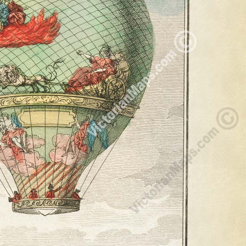 Montgolfier brothers hot air balloon ascent flight over Lyon in 1784 - a French engraving, 18th century art print poster canvas gift