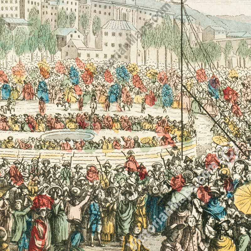 Montgolfier brothers hot air balloon ascent flight over Lyon in 1784 - a French engraving, 18th century art print poster canvas gift