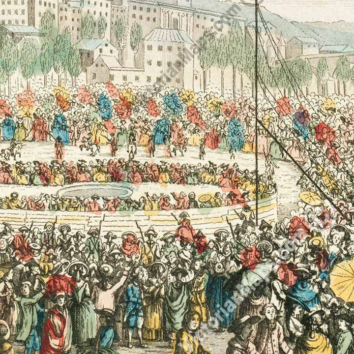Montgolfier brothers hot air balloon ascent flight over Lyon in 1784 - a French engraving, 18th century art print poster canvas gift