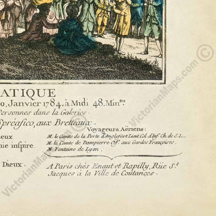 Montgolfier brothers hot air balloon ascent flight over Lyon in 1784 - a French engraving, 18th century art print poster canvas gift