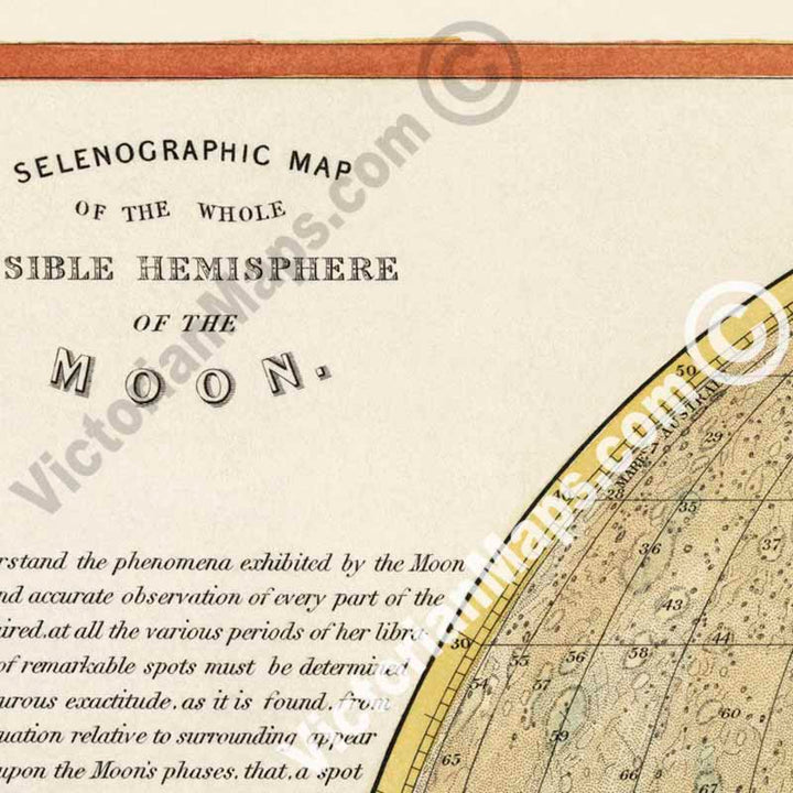Selenographic Map of the Whole Visible Hemisphere of the Moon - an engraved hand-coloured print by John Dower, 1852 art poster canvas gift