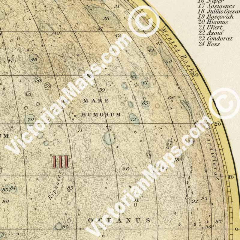 Selenographic Map of the Whole Visible Hemisphere of the Moon - an engraved hand-coloured print by John Dower, 1852 art poster canvas gift