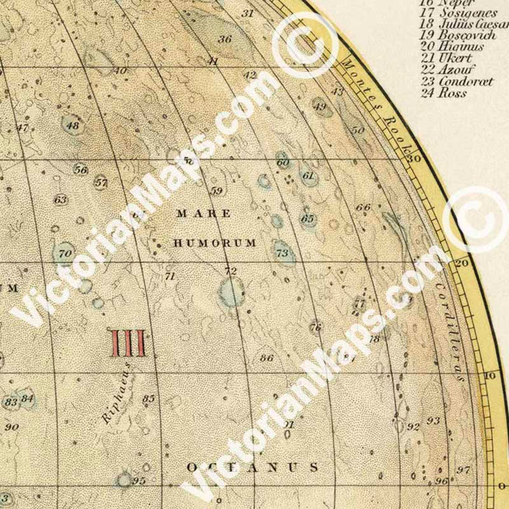 Selenographic Map of the Whole Visible Hemisphere of the Moon - an engraved hand-coloured print by John Dower, 1852 art poster canvas gift