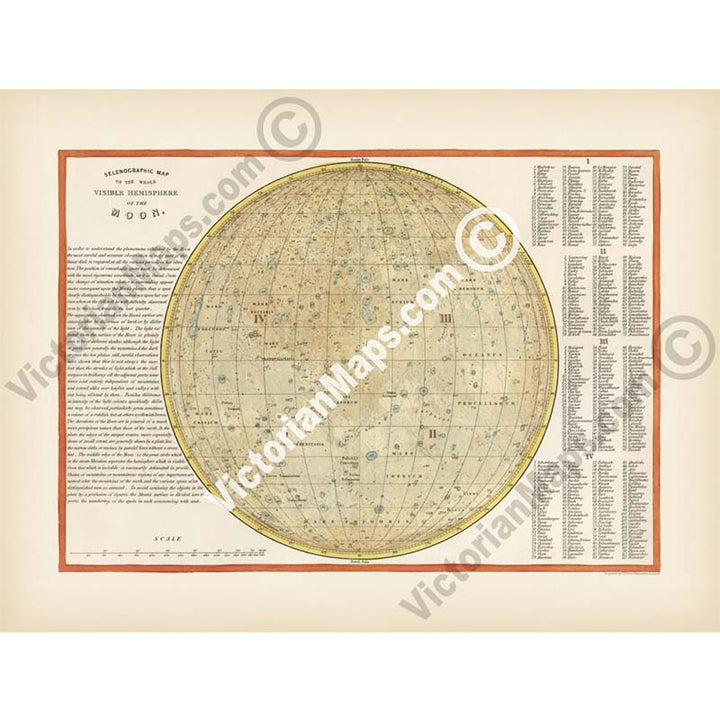 Selenographic Map of the Whole Visible Hemisphere of the Moon - an engraved hand-coloured print by John Dower, 1852 art poster canvas gift