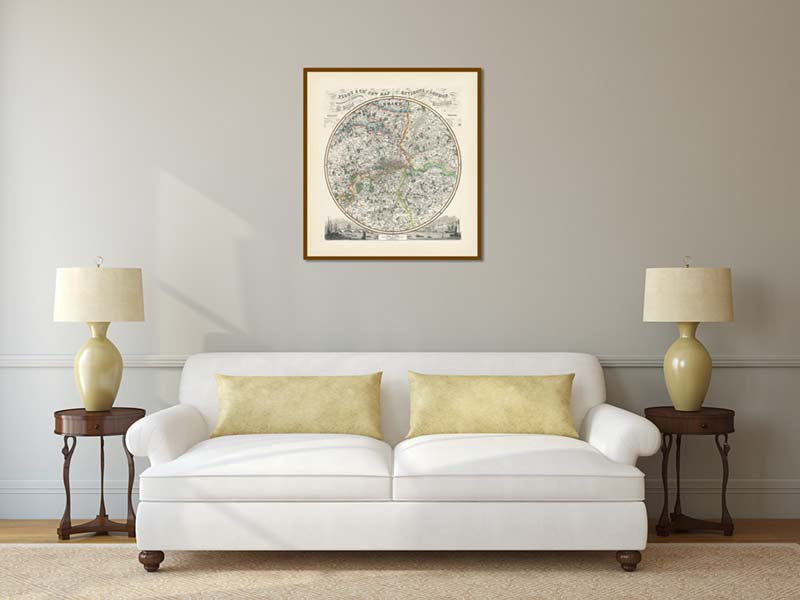 Pigot's & Co. New Map of the Environs of LONDON, extending 14 miles round St. Pauls in every direction - a map by J. Pigot & Slater, 1839 art print poster canvas gift