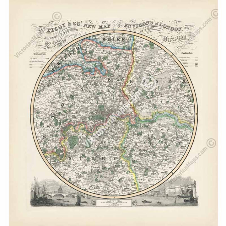 Pigot's & Co. New Map of the Environs of LONDON, extending 14 miles round St. Pauls in every direction - a map by J. Pigot & Slater, 1839 art print poster canvas gift
