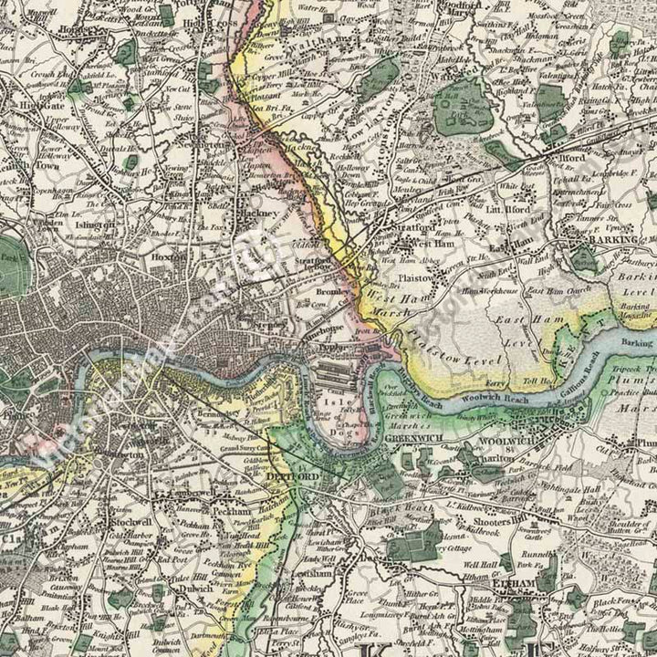 Pigot's & Co. New Map of the Environs of LONDON, extending 14 miles round St. Pauls in every direction - a map by J. Pigot & Slater, 1839 art print poster canvas gift