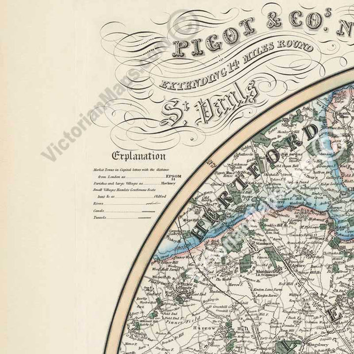 Pigot's & Co. New Map of the Environs of LONDON, extending 14 miles round St. Pauls in every direction - a map by J. Pigot & Slater, 1839 art print poster canvas gift