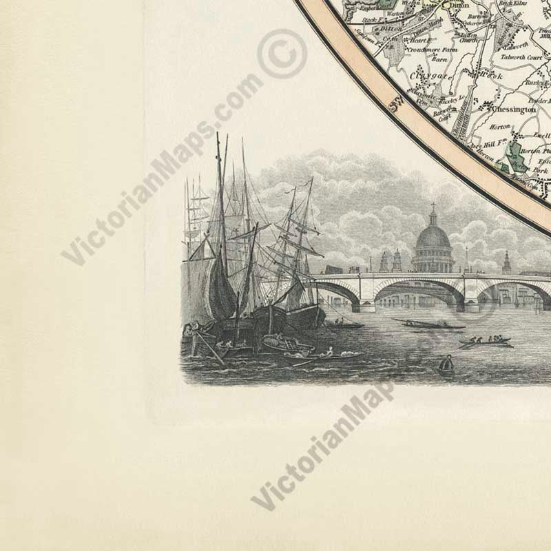 Pigot's & Co. New Map of the Environs of LONDON, extending 14 miles round St. Pauls in every direction - a map by J. Pigot & Slater, 1839 art print poster canvas gift