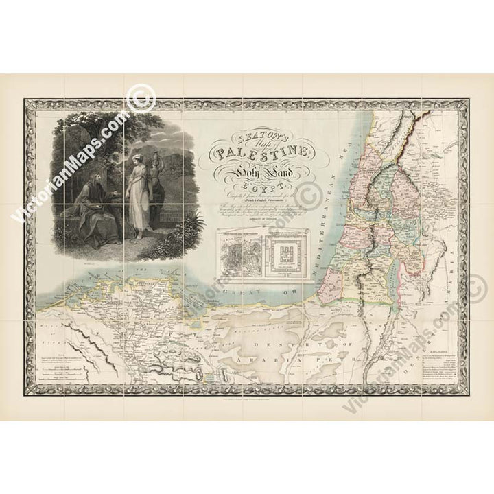 Seaton's Map of Palestine, or the Holy Land, and part of Egypt; Jesus Christ with Samaritan woman at the well, a Georgian folding map, 1829 art print poster canvas gift