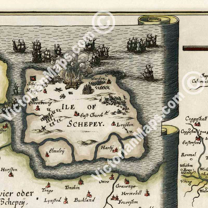 River Thames Estuary in 1667 - a map of River Thames & Medway from London to Isle of Sheppey, by Matthaus Merian