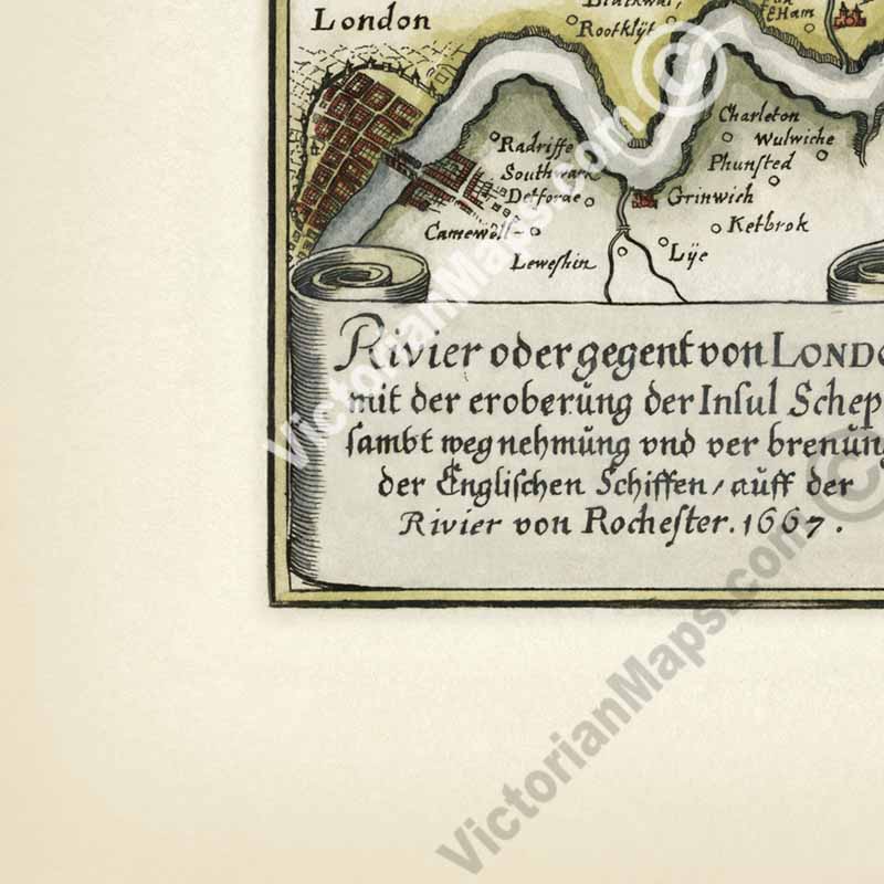 River Thames Estuary in 1667 - a map of River Thames & Medway from London to Isle of Sheppey, by Matthaus Merian