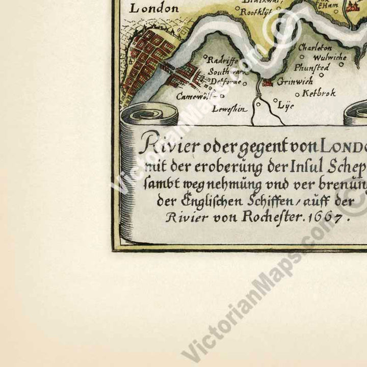 River Thames Estuary in 1667 - a map of River Thames & Medway from London to Isle of Sheppey, by Matthaus Merian