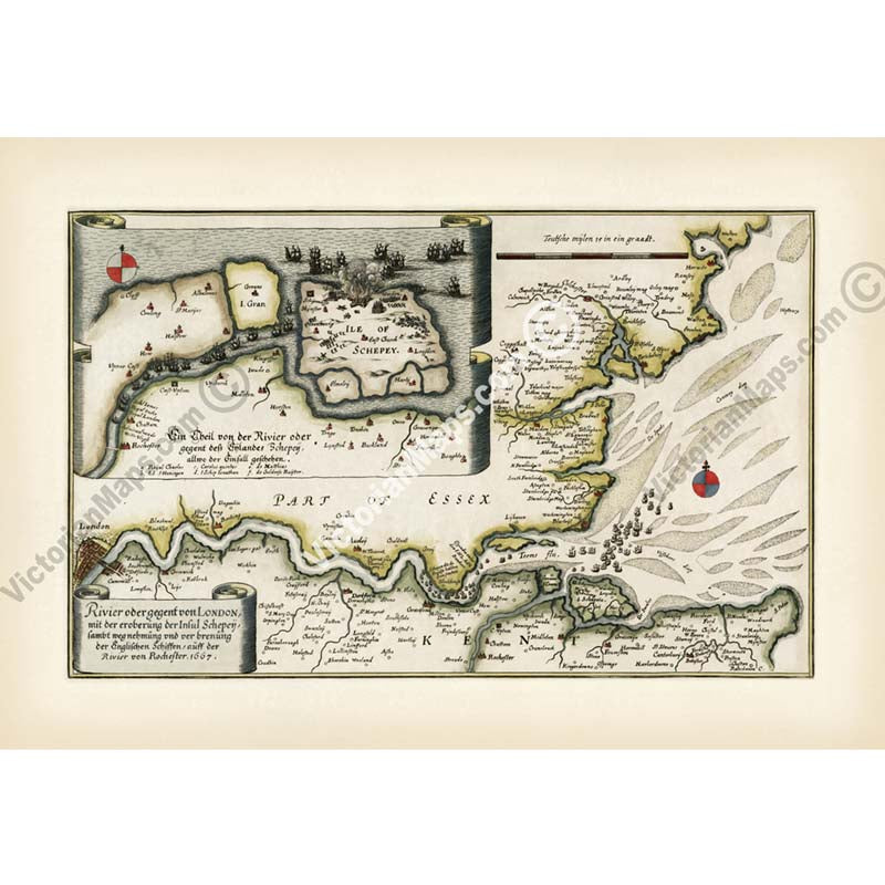 River Thames Estuary in 1667 - a map of River Thames & Medway from London to Isle of Sheppey, by Matthaus Merian