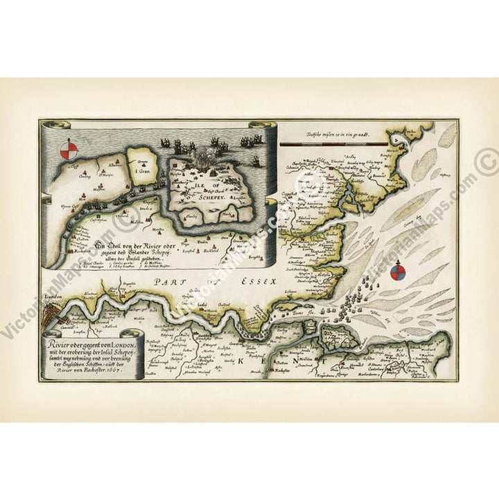 River Thames Estuary in 1667 - a map of River Thames & Medway from London to Isle of Sheppey, by Matthaus Merian