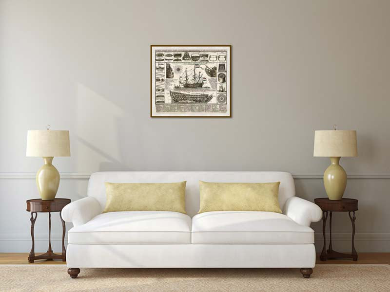 Sailing War Ship - Ship of the Line construction and rigging chart - a hand-coloured engraving print, Matthaus Seutter, 1740 art poster canvas gift