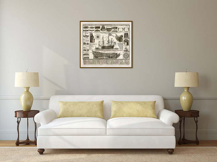 Sailing War Ship - Ship of the Line construction and rigging chart - a hand-coloured engraving print, Matthaus Seutter, 1740 art poster canvas gift