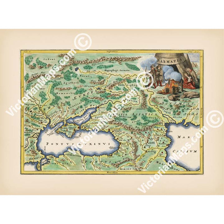 Sarmatia, including Black and Caspian Sea, Crimea Crimean Peninsula, Ukraine, Russia - a map by Christoph Cellarius, 1701 art print poster canvas gift