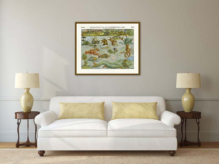 Land and Sea Monsters - woodblock engraved chart of mythical creatures, beasts & serpents from Sebastian Munster's "Cosmographia", 1544 art print poster canvas map gift