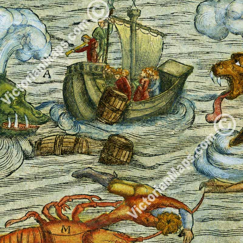 Land and Sea Monsters - woodblock engraved chart of mythical creatures, beasts & serpents from Sebastian Munster's "Cosmographia", 1544 art print poster canvas map gift