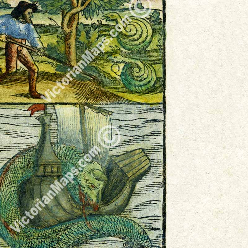 Land and Sea Monsters - woodblock engraved chart of mythical creatures, beasts & serpents from Sebastian Munster's "Cosmographia", 1544 art print poster canvas map gift