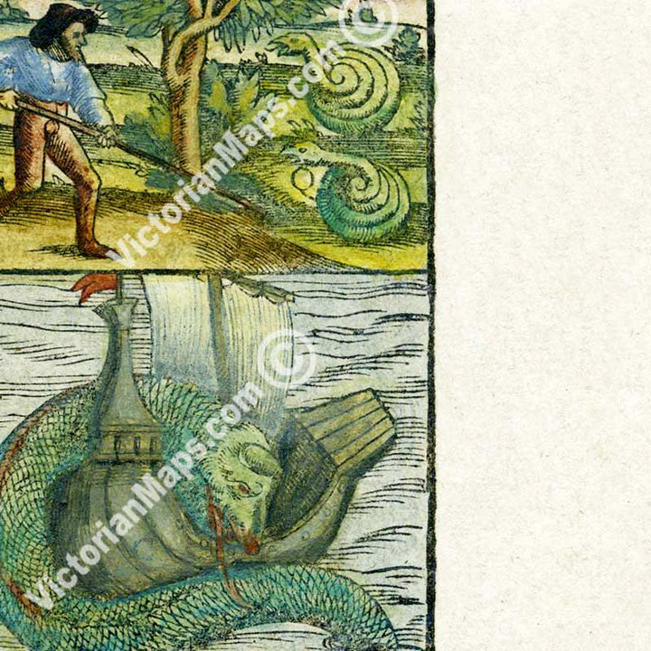 Land and Sea Monsters - woodblock engraved chart of mythical creatures, beasts & serpents from Sebastian Munster's "Cosmographia", 1544 art print poster canvas map gift