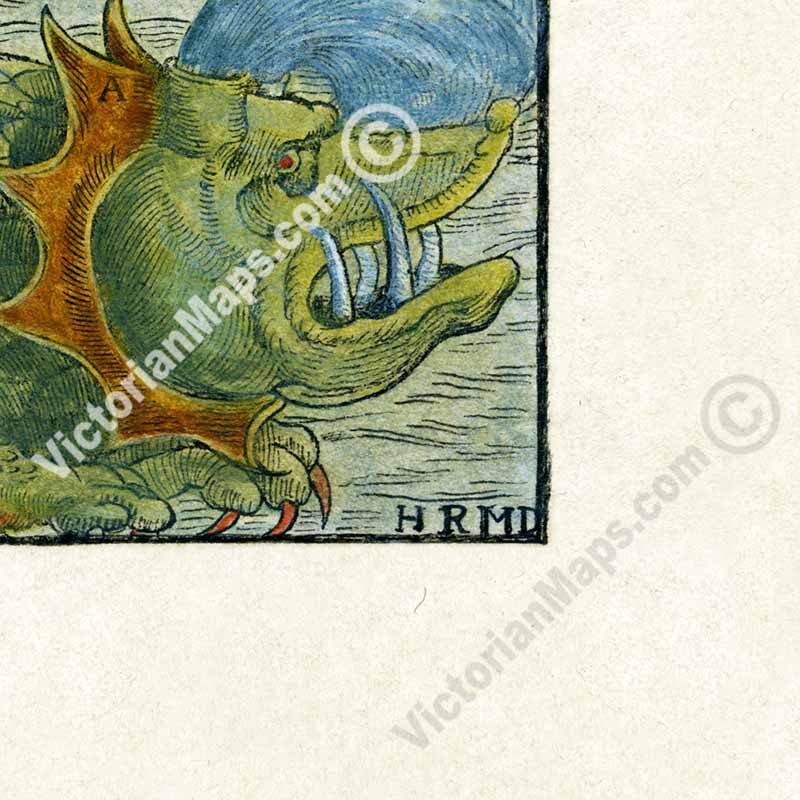 Land and Sea Monsters - woodblock engraved chart of mythical creatures, beasts & serpents from Sebastian Munster's "Cosmographia", 1544 art print poster canvas map gift