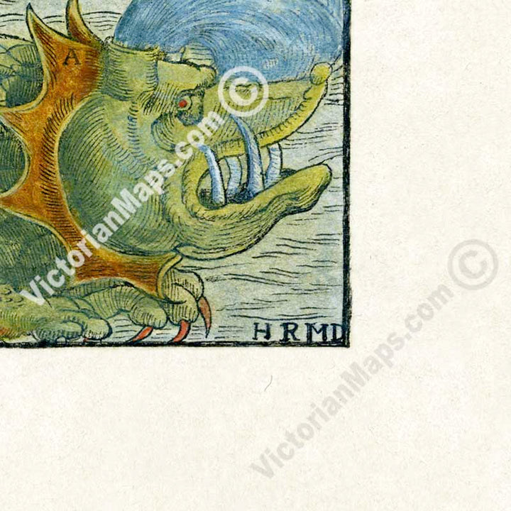 Land and Sea Monsters - woodblock engraved chart of mythical creatures, beasts & serpents from Sebastian Munster's "Cosmographia", 1544 art print poster canvas map gift