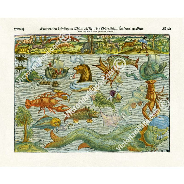 Land and Sea Monsters - woodblock engraved chart of mythical creatures, beasts & serpents from Sebastian Munster's "Cosmographia", 1544 art print poster canvas map gift
