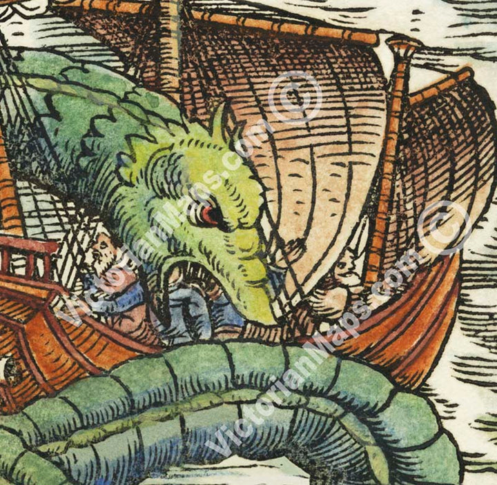 Giant Sea Serpent – hand-coloured woodcut print (part of a page) by Conrad Gessner, 1598 art poster canvas gift