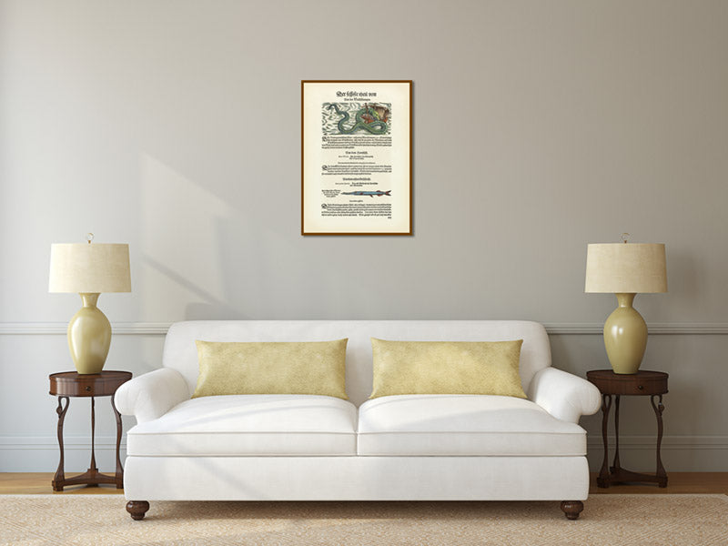 Giant Sea Serpent – a woodcut print by Conrad Gessner, a whole page from Fischbuch, 1598 art poster canvas gift
