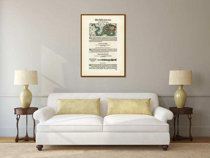 Giant Sea Serpent – a woodcut print by Conrad Gessner, a whole page from Fischbuch, 1598 art poster canvas gift