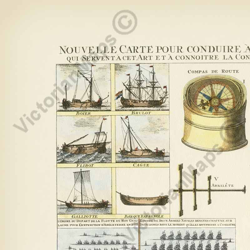Nouvelle carte pour conduire à la connoissance de la Marine - Sailing ship and nautical navigation chart by Henry Chatelain, 1712 art print poster canvas gift