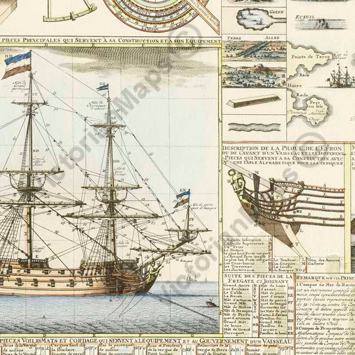 Nouvelle carte pour conduire à la connoissance de la Marine - Sailing ship and nautical navigation chart by Henry Chatelain, 1712 art print poster canvas gift