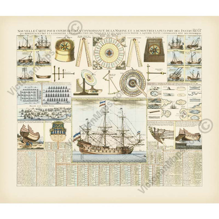 Nouvelle carte pour conduire à la connoissance de la Marine - Sailing ship and nautical navigation chart by Henry Chatelain, 1712 art print poster canvas gift