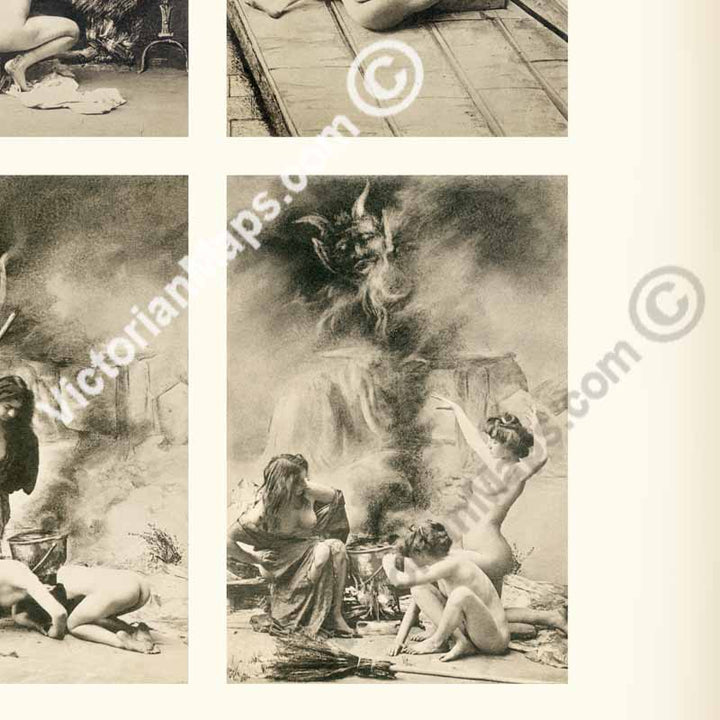 Sorcieres au Sabbat Witches' Sabbath a composite print of restored rare French risqué postcards, published in Paris, 1900 art poster canvas gift