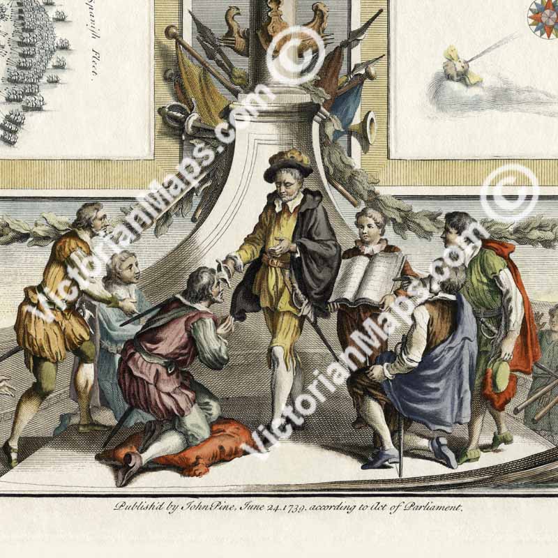 Spanish Armada 1588 progress and defeat - Elizabethan nautical chart map by John Pine, 1739 art print poster canvas gift
