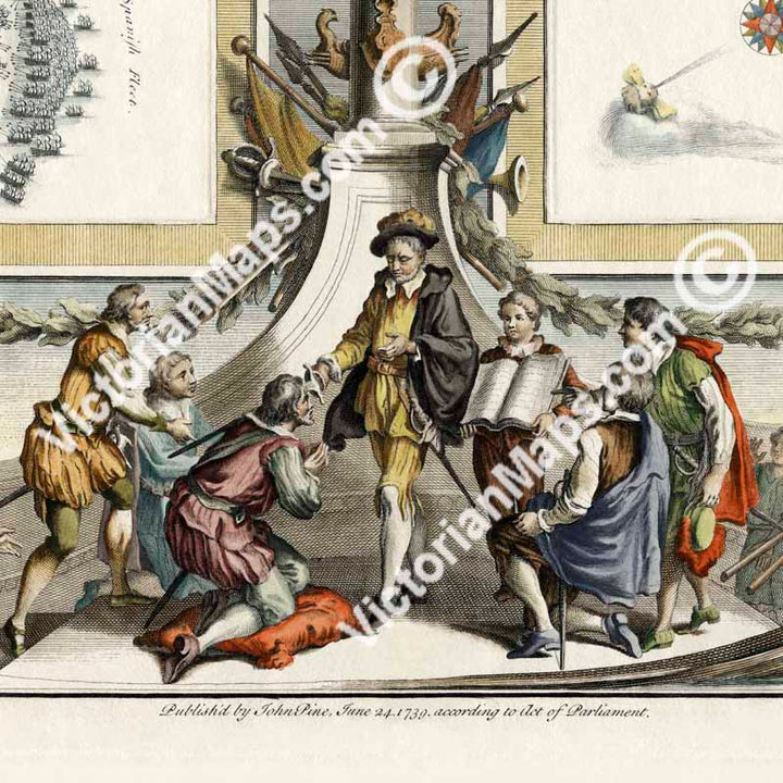 Spanish Armada 1588 progress and defeat - Elizabethan nautical chart map by John Pine, 1739 art print poster canvas gift