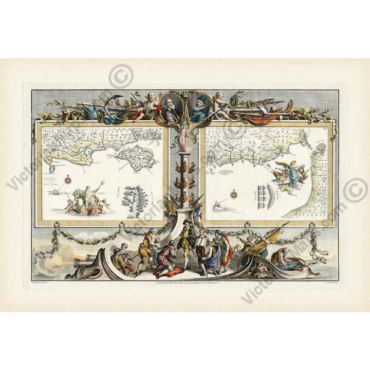 Spanish Armada 1588 progress and defeat - Elizabethan nautical chart map by John Pine, 1739 art print poster canvas gift