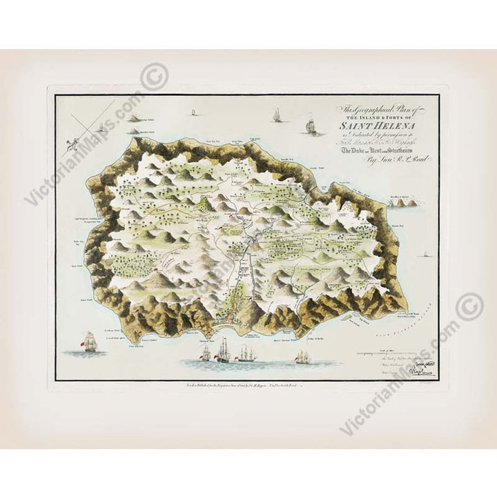 A Geographical plan of the Saint Helena Island, Napoleon Bonaparte residence in exile, a map by Leut. R.P. Read, 1817