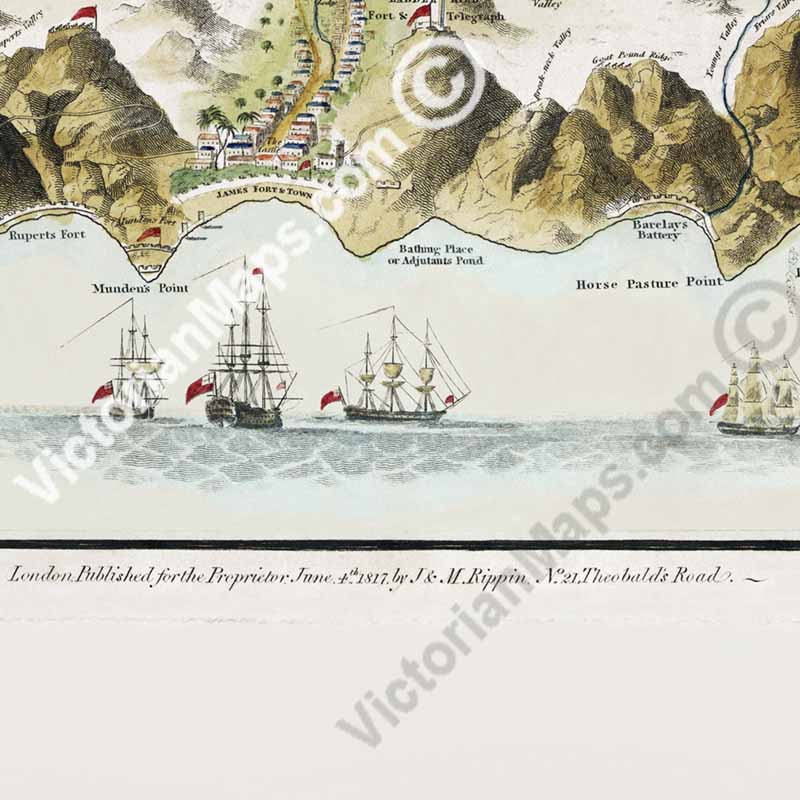 A Geographical plan of the Saint Helena Island, Napoleon Bonaparte residence in exile, a map by Leut. R.P. Read, 1817